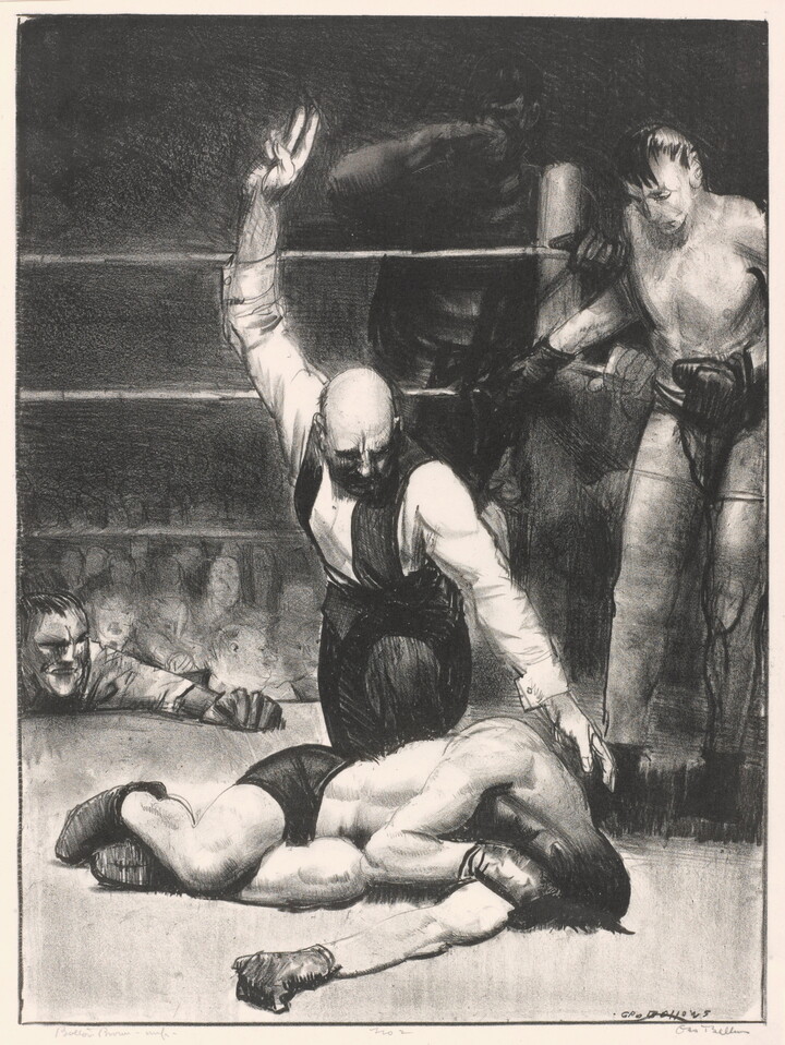 A black-and-white print of a referee kneeling over a boxer counting down with the opponent and coaches in the background.