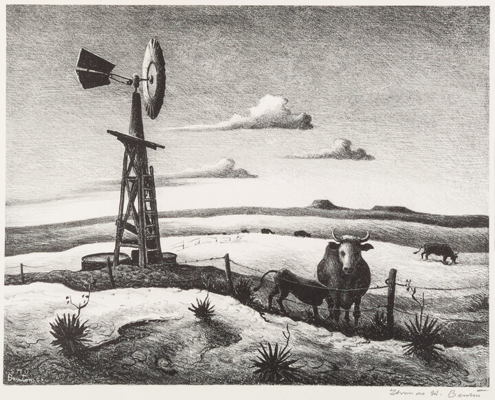 A black-and-white print of a field of grazing cows, one stands just inside a fence next to a windmill.