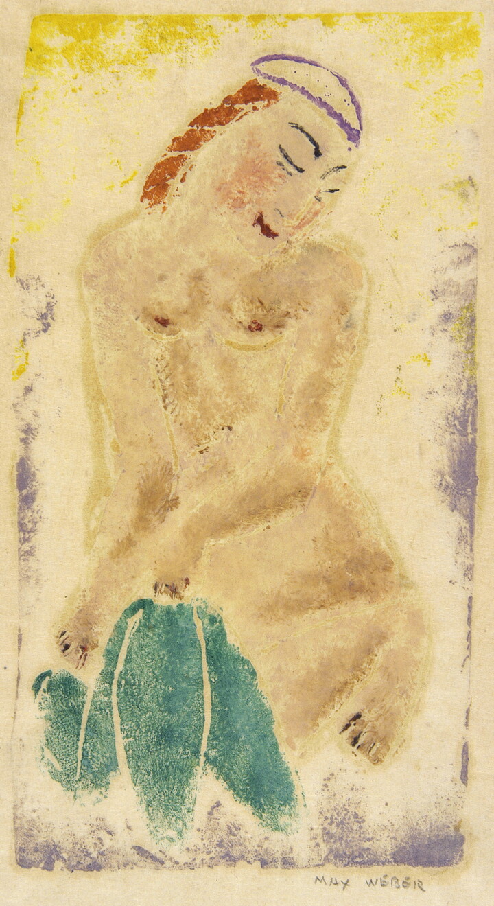 An abstract color print of a crouching nude White woman with red hair holding green leaf-like forms in front of her legs.