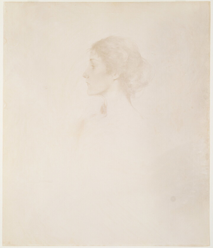 A faint black-and-white drawing of a young, White woman in profile, hair pulled back, from the shoulders up.