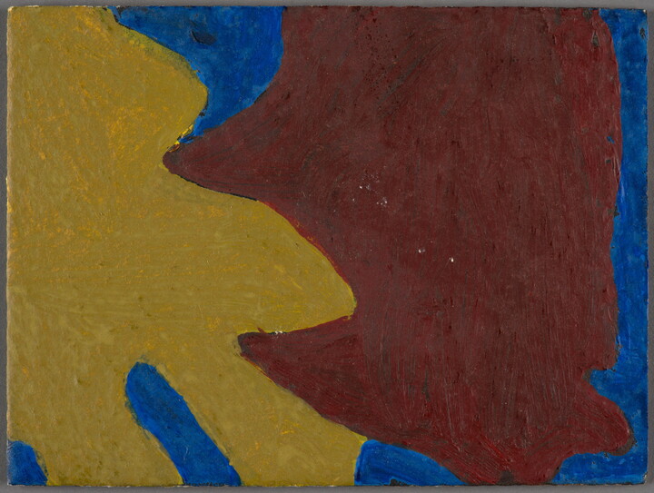 An abstract oil painting of broad, curvy organic shapes in yellow and red on a blue background.