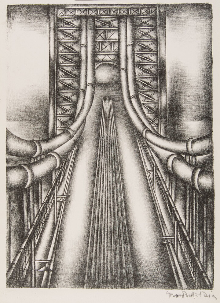 A black-and-white print of a suspension bridge from above looking at the cables to the tower.