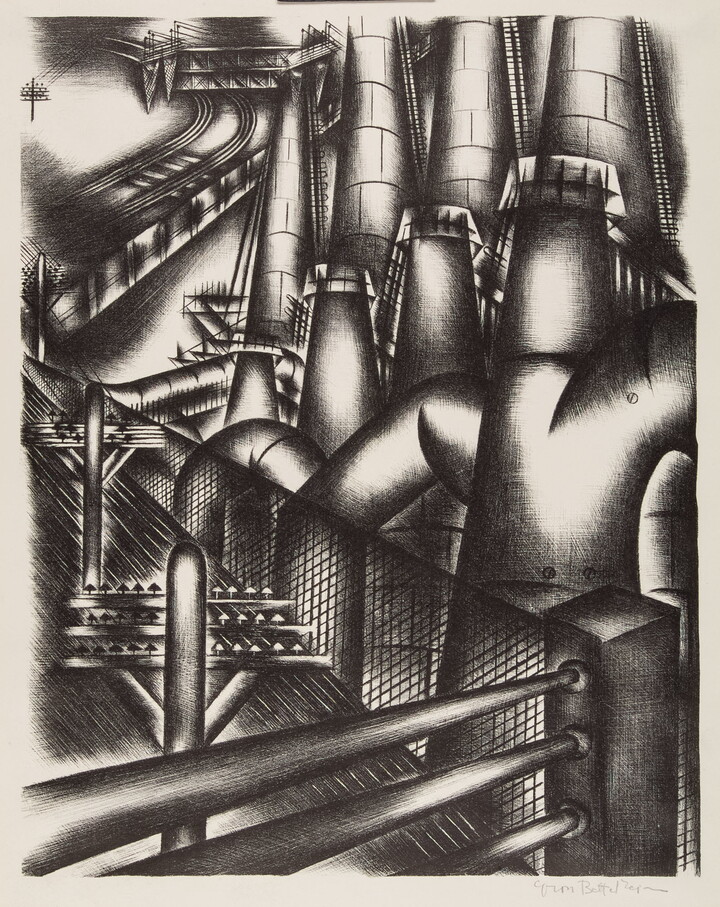 An abstract black-and-white print of industrial buildings and pipes with railroads and power lines in the distance.