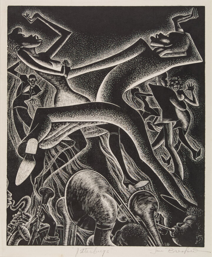 An abstract black-and-white print of Black men and women in suits and dresses dancing above people playing brass and woodwind instruments.