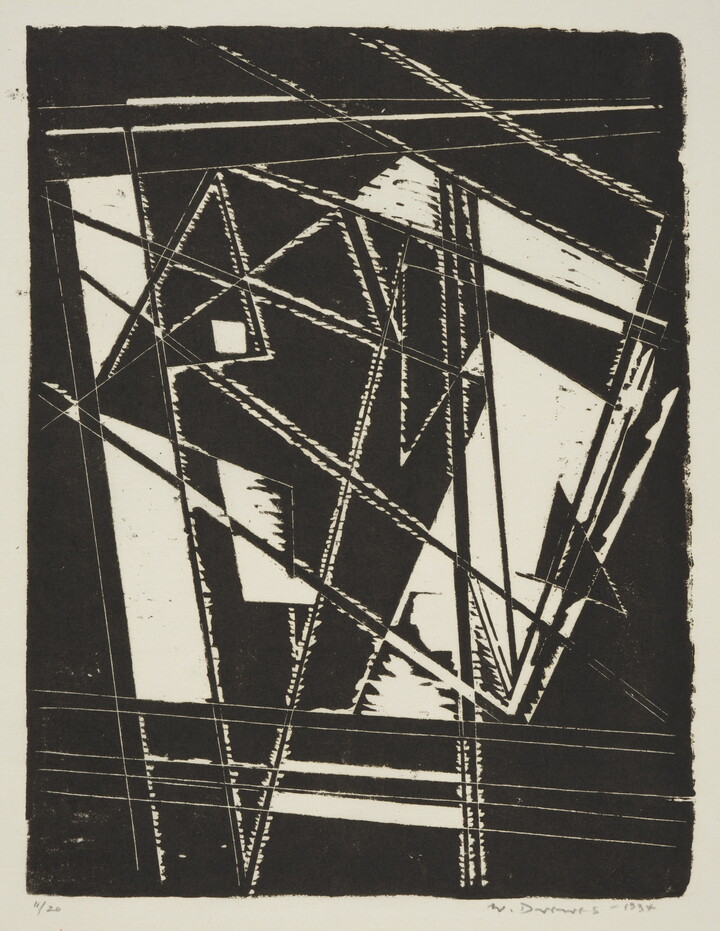 An abstract black-and-white print of prominent, angular black shapes and lines creating bold rectangles, triangles and negative spaces.