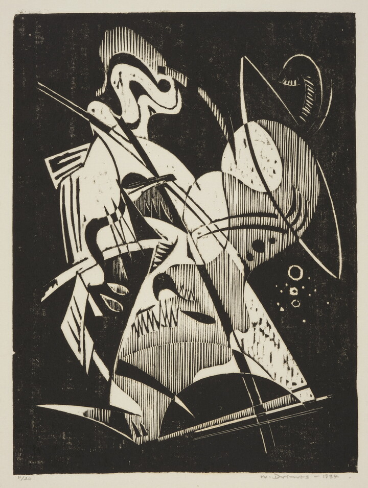 An abstract black-and-white print of curved shapes, diagonal lines, and shaded forms.
