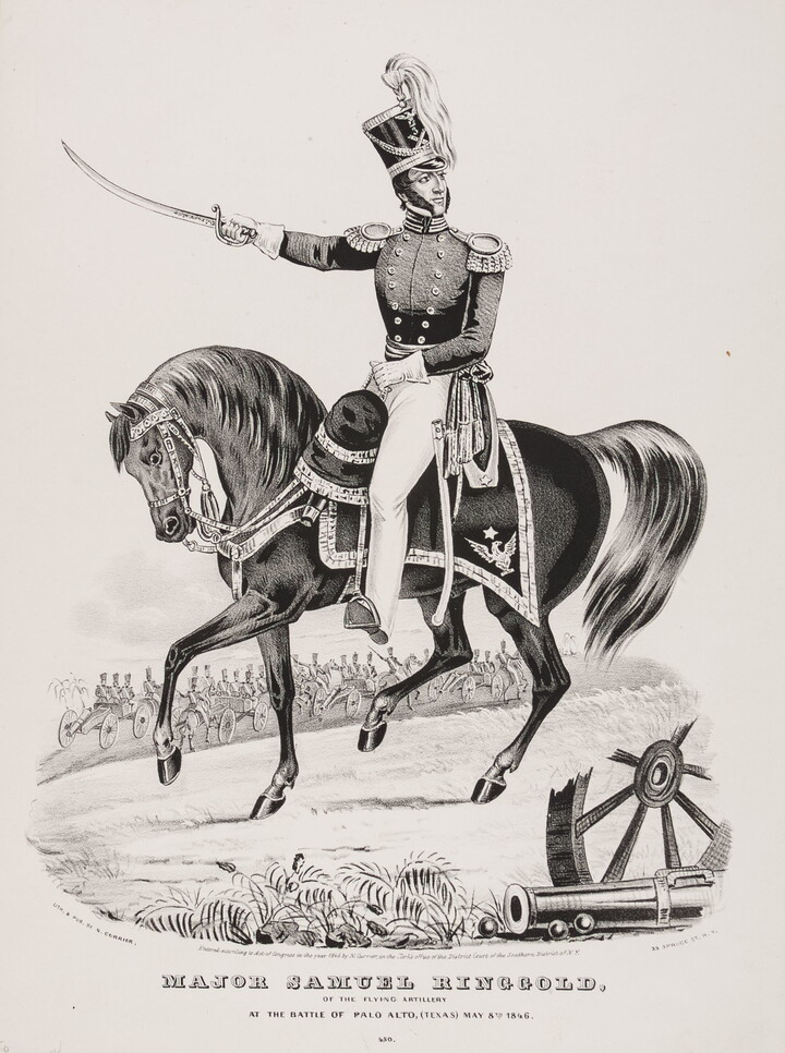 A black-and-white print of a man in military uniform on horseback with sword drawn and pointed in front of him.