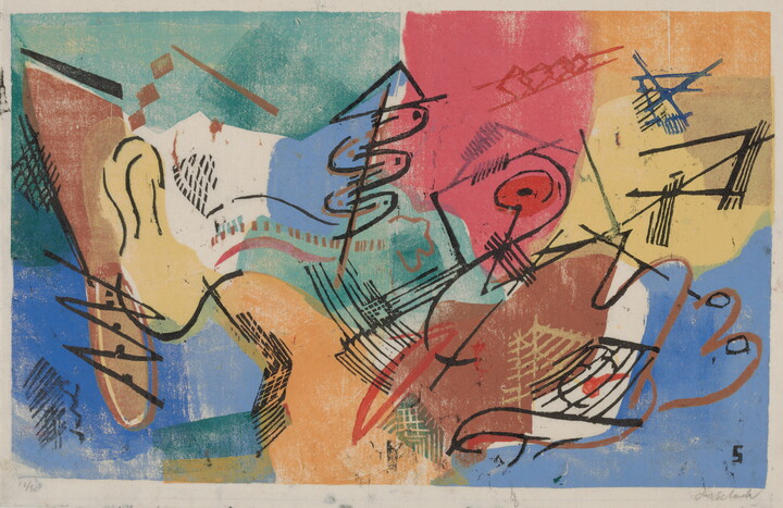 An abstract color print of freeform shapes in green, red, yellow, blue, and orange and black curved and straight lines.