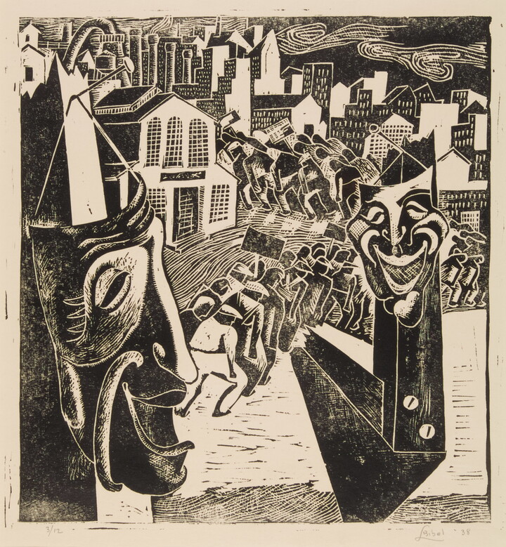 A busy black-and-white print of smiling theater masks hanging on posts and a long line of people marching with picket signs toward a city in the background.