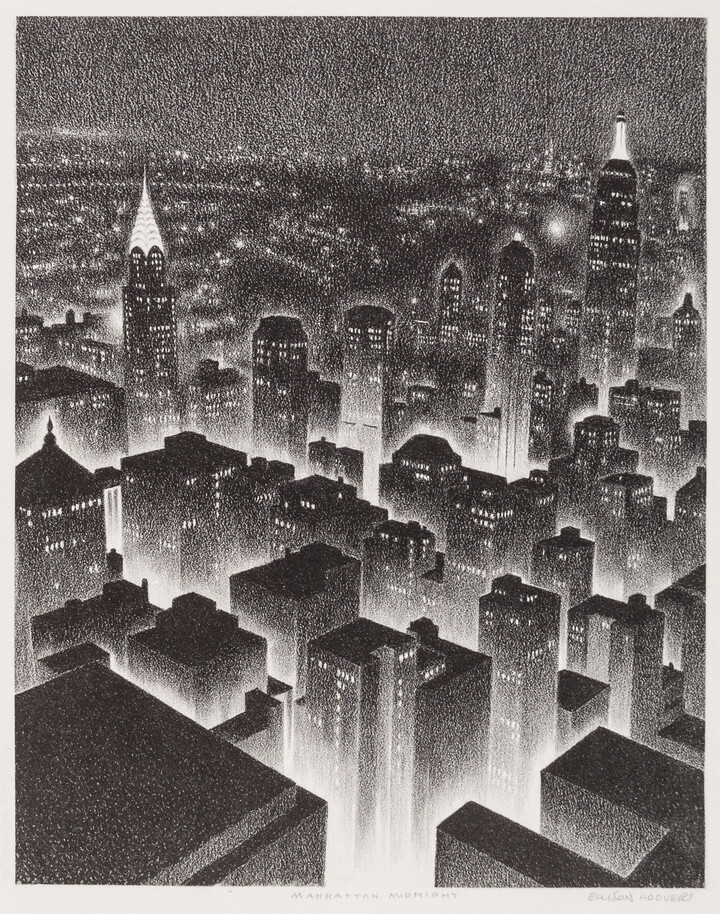 A black-and-white geometric print of a bird's eye view of a New York City at night.