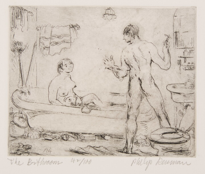 A black-and-white print of a messy bathroom with a nude female in the bathtub and a nude male standing by the toilet shaving.