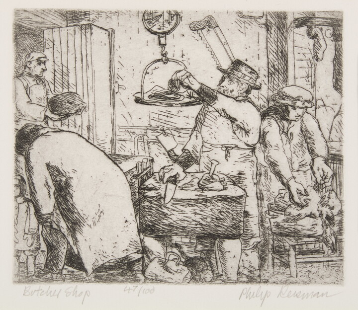 A black-and-white print of people doing various jobs - cutting, weighing, plucking - in a butcher shop.