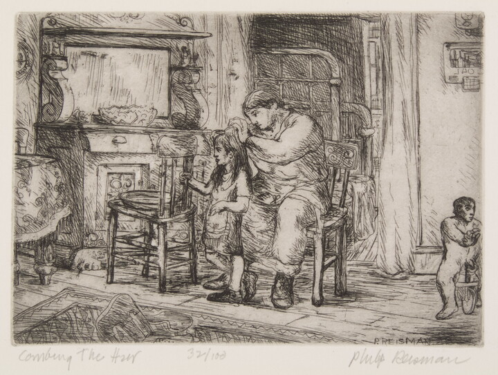 A black-and-white print of a woman seated in a chair combing a little girl's hair while a younger child plays close by.