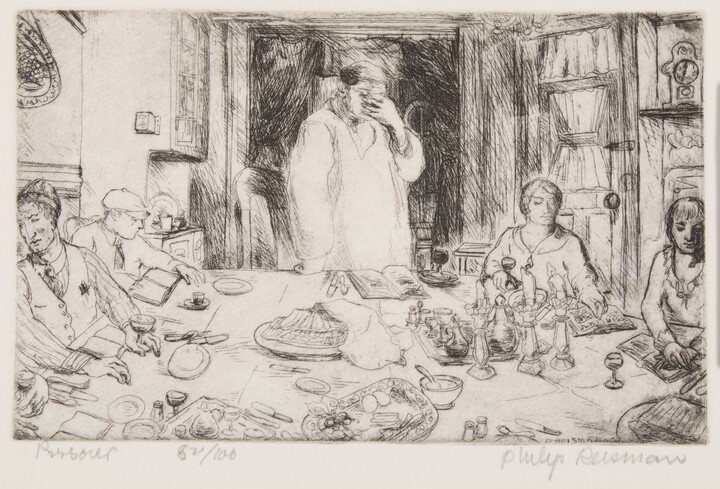 A black-and-white print of a figure standing at a table holding their hand over their face as others sit around the table with wine, plates, candles, and books in front of them.