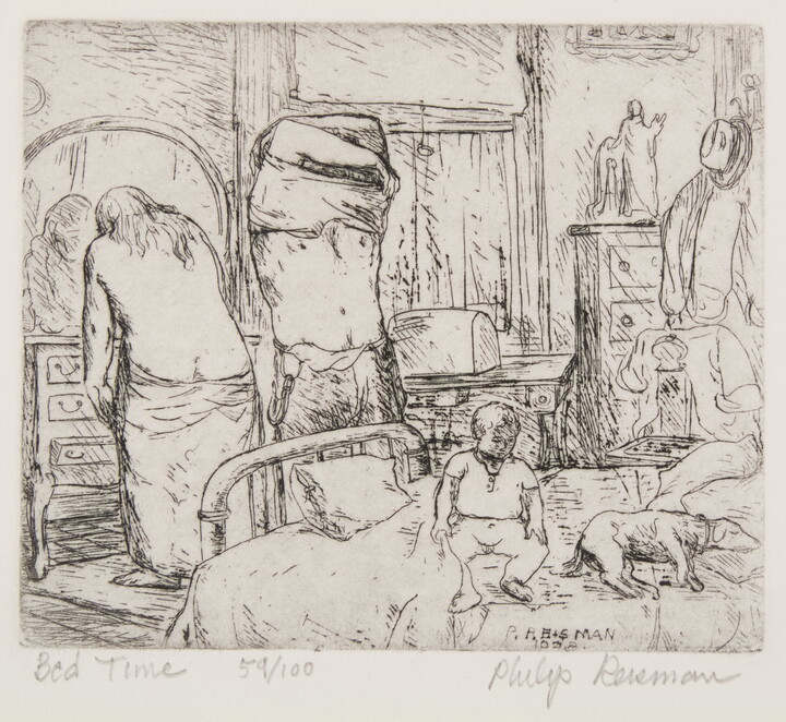 A black-and-white print of two adult figures undressing while a young child sits and a dog lies on a nearby bed.