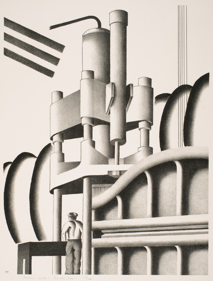 A black-and-white print of a man standing at a table that is under a large piece of machinery.