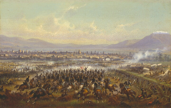 An oil painting of a large group of soldiers charging in to battle in a field.