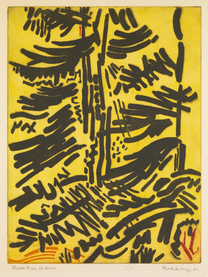 An abstract color print of bold black marks and squiggles resembling tree branches covering a yellow background.