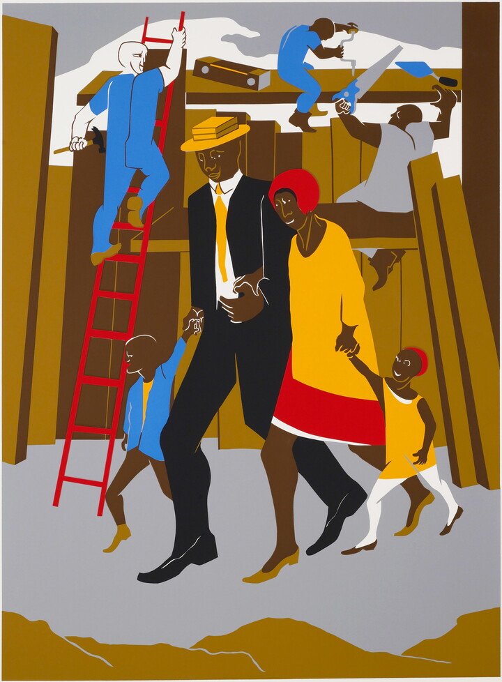 A brightly-colored print of a nicely dressed Black family walking past men doing construction on a city street.
