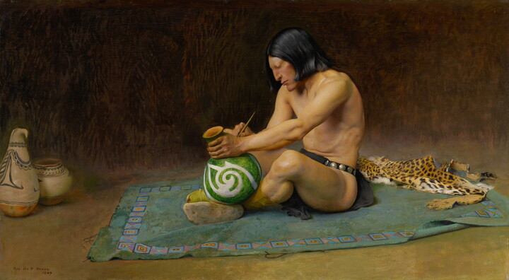 An oil painting of a Native American man sitting on a blanket painting a clay vase.