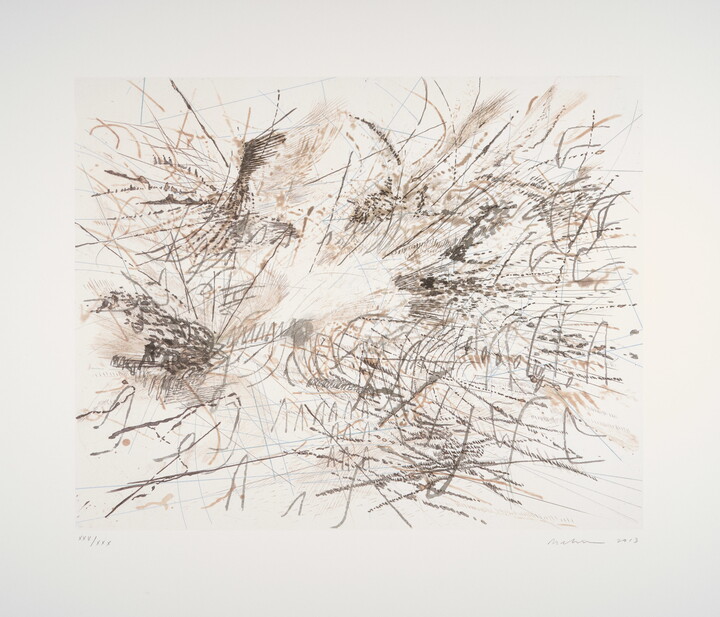 An abstract color print of overlapping short, gestural lines in shades of brown and gray.