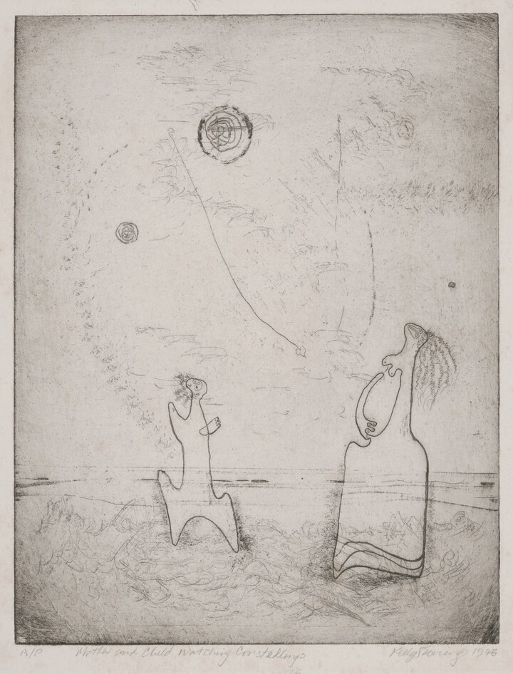 An abstract black-and-white print of two figures looking toward circular objects in the sky.