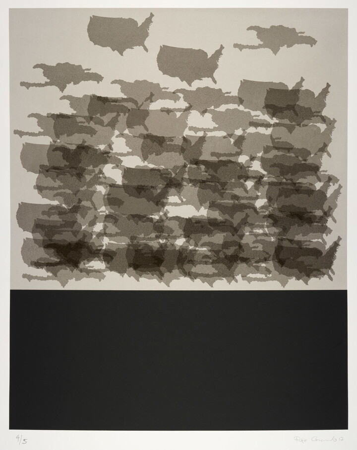 A black-and-white print of multiple outlines of the United States and the island of Hispaniola overlaid on top of each other, and a black rectangle at the bottom.