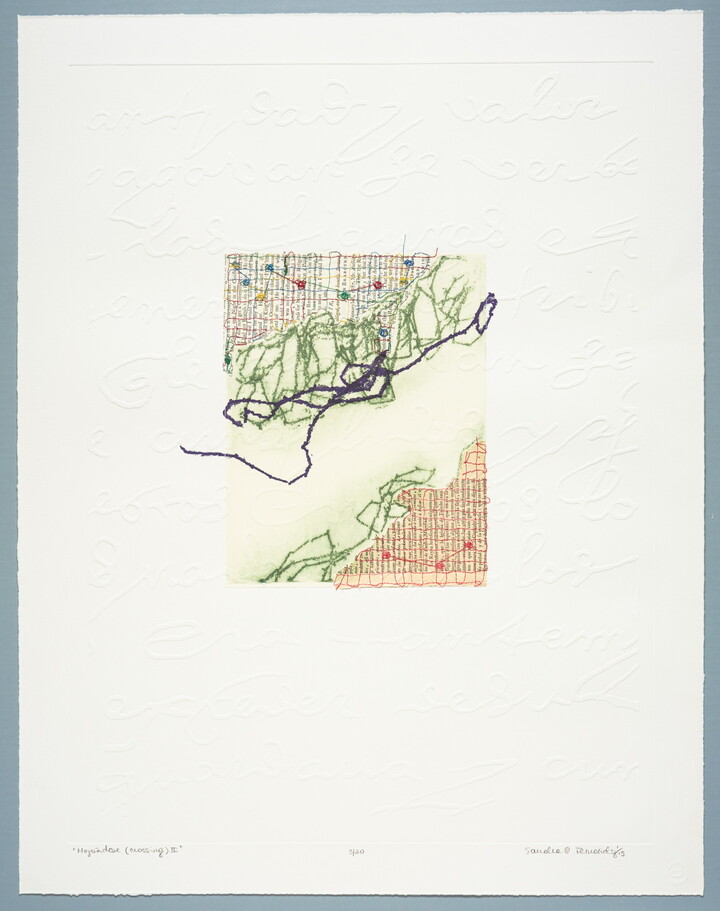 An abstract print with stitching in red, green, and black over newspaper clippings in English and Spanish with embossed handwriting along the border.