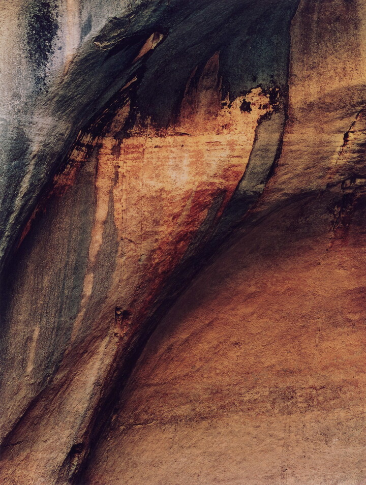 A color photograph of a multi-toned, mostly smooth cliff face.