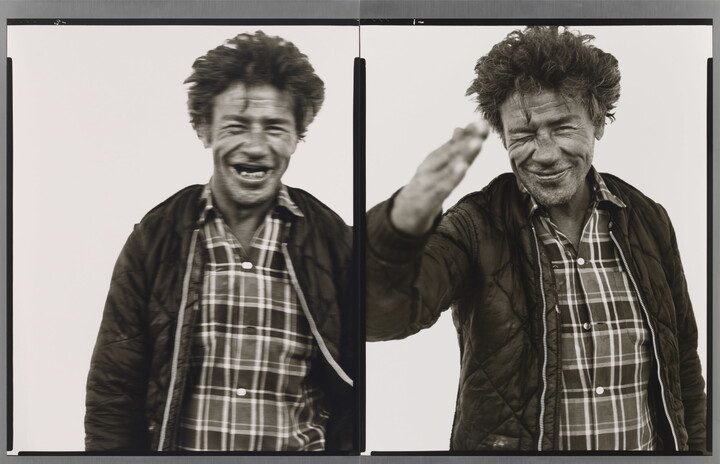 Two side-by-side black-and-white photographs of a medium-skinned man with short hair, wearing a plaid shirt and dark quilt jacket.