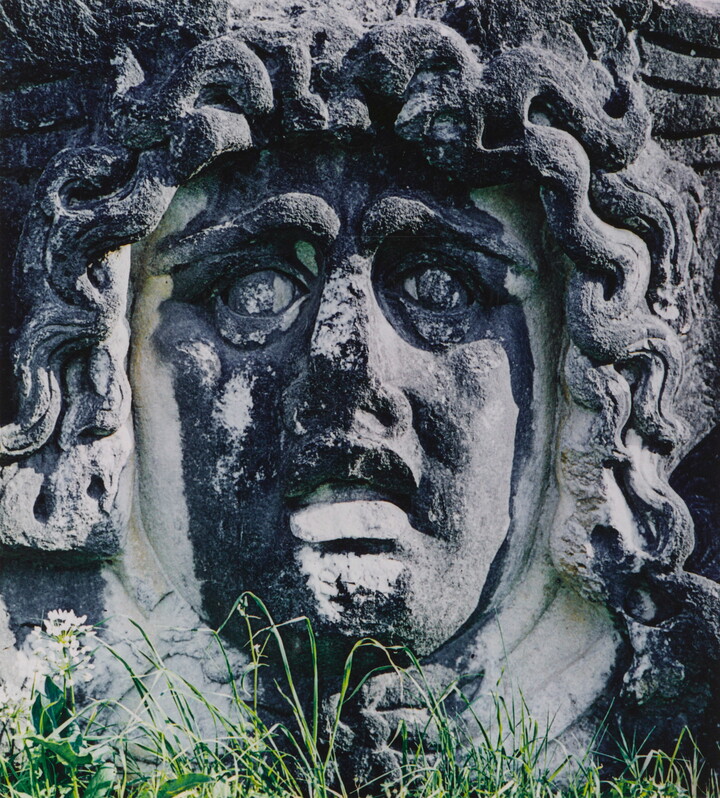 A color photograph of an ancient stone carving of a woman's face with snakes for hair.