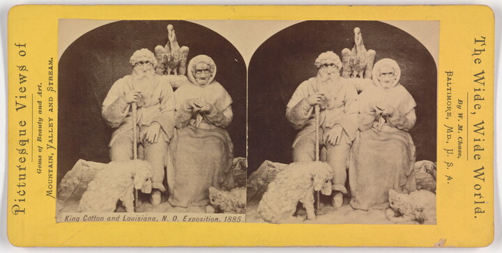 Two almost identical side-by-side sepia-tones photographs of an old man and woman seated with a dog, cat, and eagle all made entirely of white cotton.