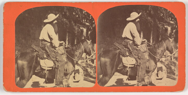 Two side-by-side, black-and-white photographs of a bearded cowboy on horseback as viewed from the side.