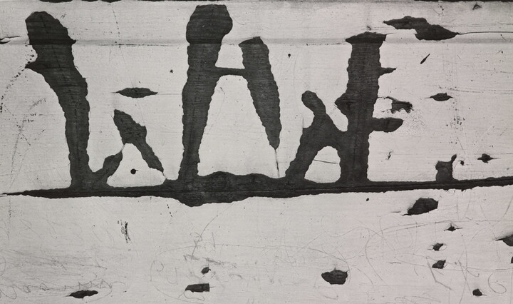 A black-and-white close-up photograph of white paint peeling off of wood.