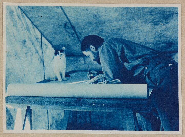 A black-and-white photograph of a man leaning over a drafting table in a tent as a white-and-black cat sits on the table in front of him.