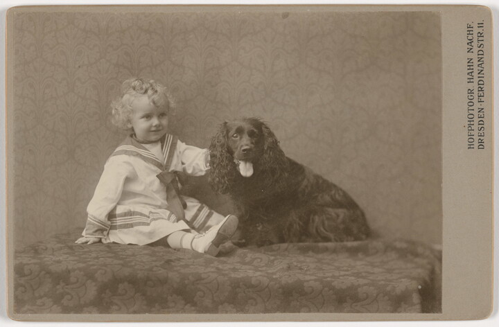 A sepia-toned photograph of a young White child with blond ringlets wearing a sailor dress sitting next to an Irish setter-like dog.