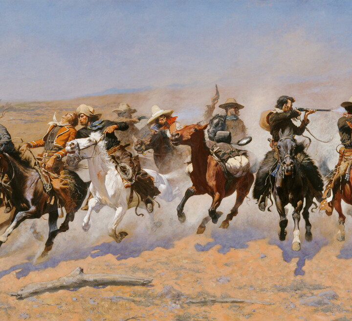 An oil painting of a group of men on horseback riding directly toward the viewer, shooting guns over their shoulders at people in pursuit.