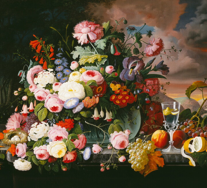 An oil painting of an enormous bouquet of colorful flowers next to an array of fruit and a water-filled wineglass on a table.
