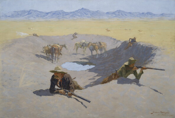 An oil painting of horses gathered around an almost-dried up waterhole as White cowboys around the edge of the hole guard it with rifles.
