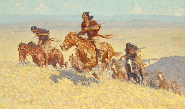 An oil painting of a group of Indigenous men on horseback, many holding rifles, running though a grassy plain.