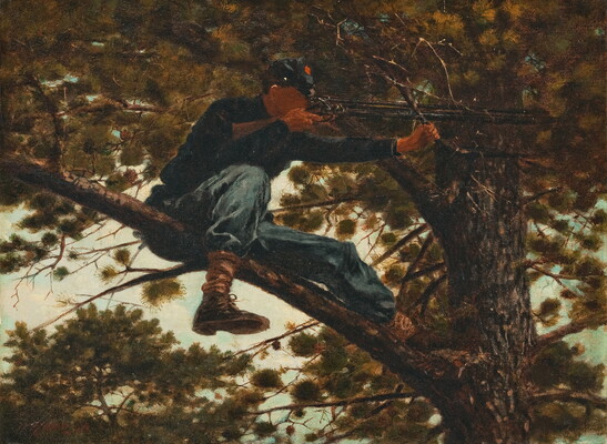 An oil painting of a White man sitting on a branch in a tree balancing a rifle on another branch and looking through the viewfinder.