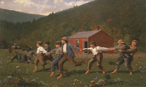 An oil painting of a line of White boys holding hands and running barefoot in a field in front of a red clapboard building.