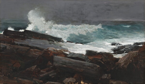 An oil painting of a rocky coastline with crashing waves under a dark sky.