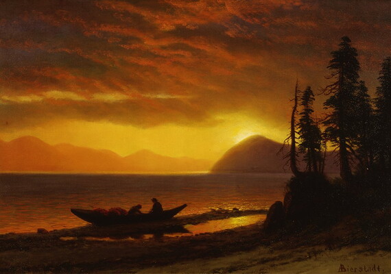 An oil painting of two people in a canoe at the shore of a lake, mountains in the background, under a cloudy sky at either sunset or sunrise.