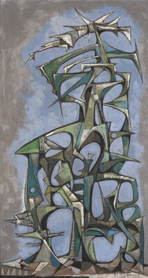 An abstract oil painting of a tower-like structure in various shades of green with blue, white, and gray highlights on a light blue background.