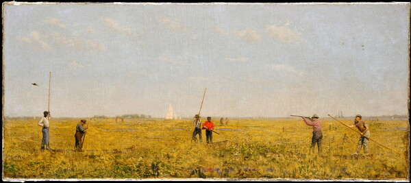 An oil painting of three sets of hunters on a reedy marsh hunting for waterfowl.