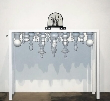A white table with parts of white balusters attached the the underside; on top, an arch-shaped frame containing twigs and mechanical parts.