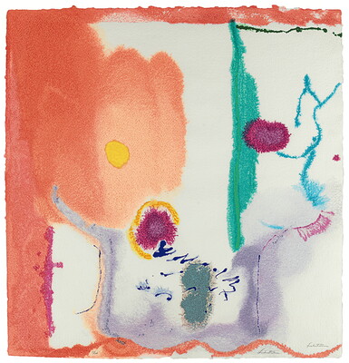 An abstract color print: orange on the top, bottom, and left including a circle with a yellow dot in the center, several pink dots and lines, a vertical organic green shape, and squiggly blue, gray, and purple lines.