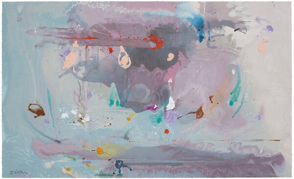 An abstract color print with a mostly blue-gray background and splotches in dark gray, blue, green, brown, yellow, with hints of pink.