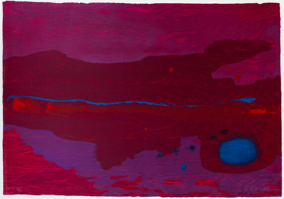 An abstract color print in various shades of hot pink, with a horizontal thin blue line across the center and several blue dots in the lower right.